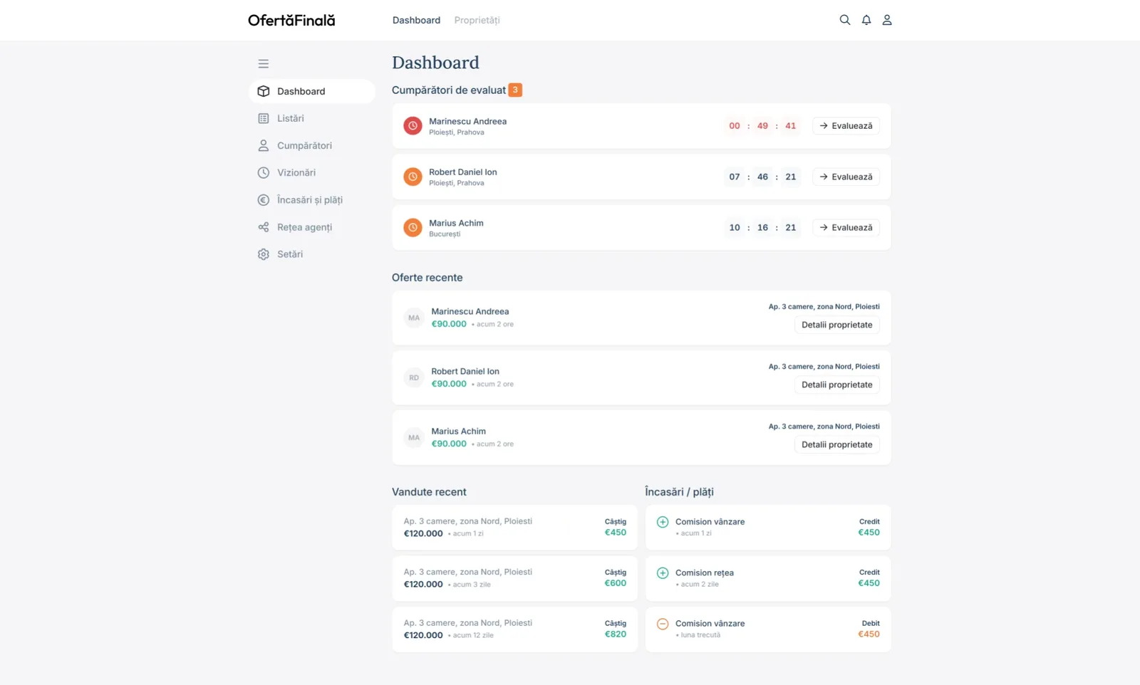 Dashboardul OfertaFinala.ro cu cumpărătorii de evaluat și activitatea recentă